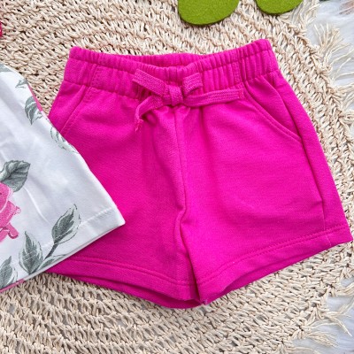 Conj. Blusa com Flrozinha em Tule e Short em Moletinho - Pink